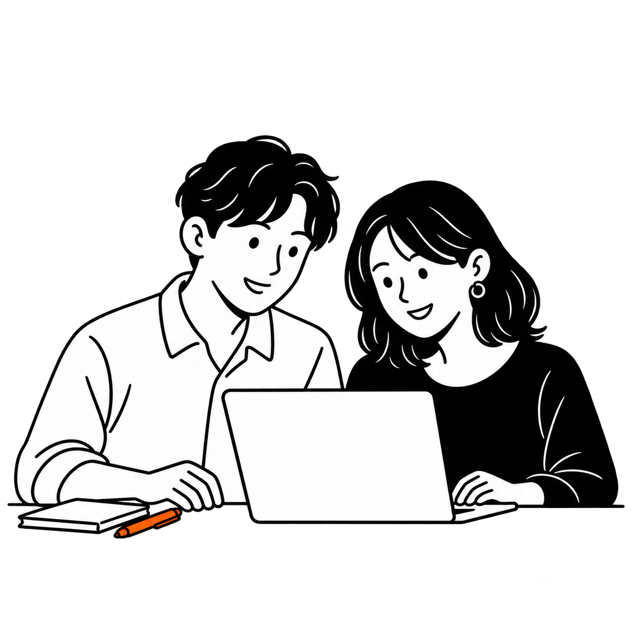 パソコンを囲んで相談する二人の線画